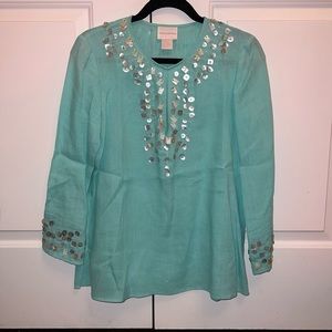 Central Park West Seafoam Linen Keyhole Top